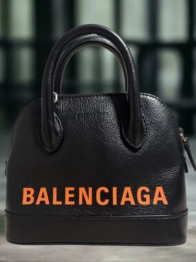 Balenciaga Black Leather Satchel with Orange Logo
